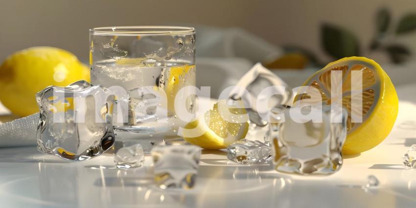 Sunlit Refreshment: A Glass of Sparkling Water with Lemon and Ice Cubes
