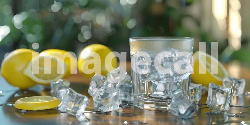 Sunlit Refreshment: A Glass of Sparkling Water with Lemon and Ice Cubes