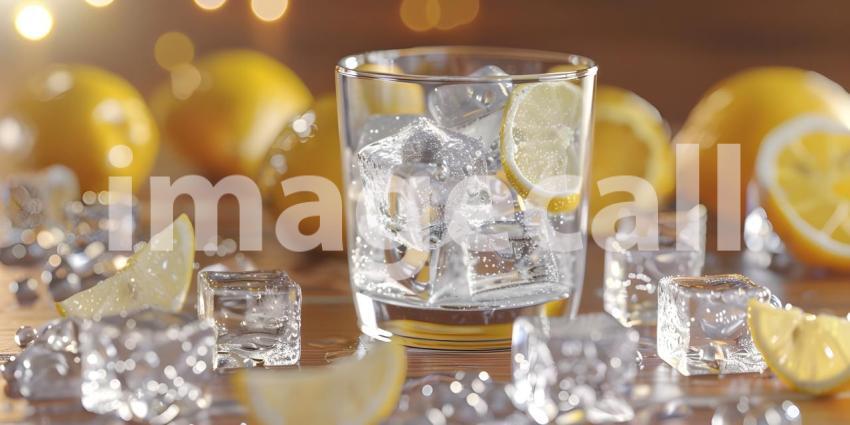 Sunlit Refreshment: A Glass of Sparkling Water with Lemon and Ice Cubes