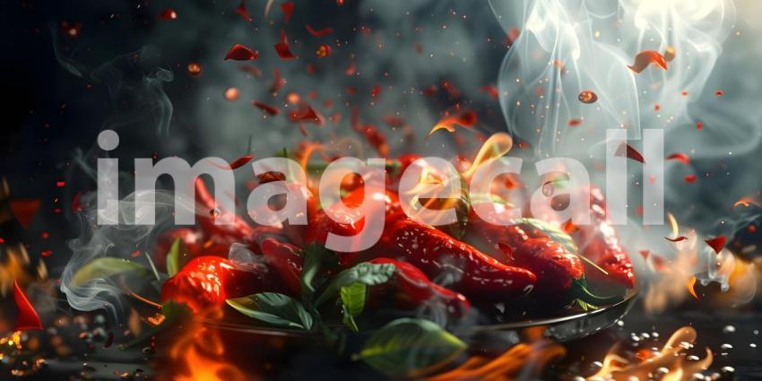 Fiery Inferno: A Pile of Chili Peppers Engulfed in Flames