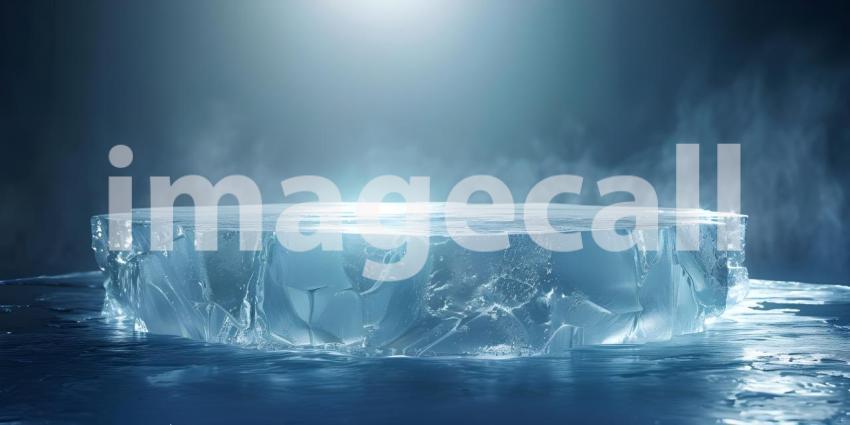 Frozen Stage: A Surreal Ice Platform Amidst a Dreamy Glacial Landscape