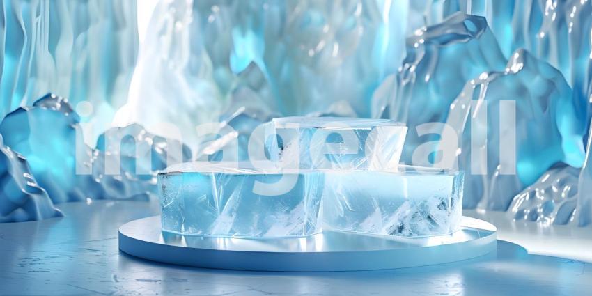 Frozen Stage: A Surreal Ice Platform Amidst a Dreamy Glacial Landscape