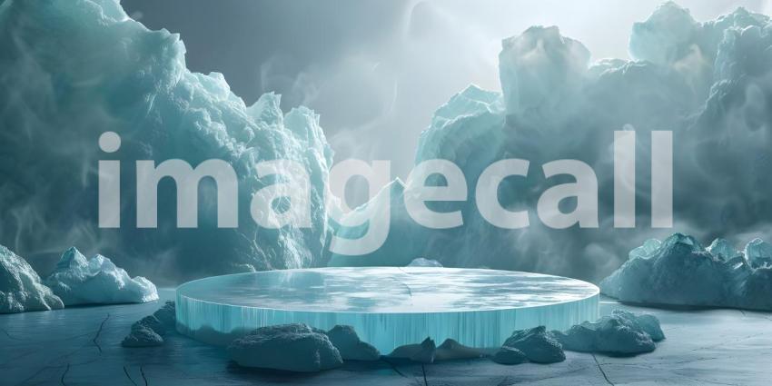 Frozen Stage: A Surreal Ice Platform Amidst a Dreamy Glacial Landscape