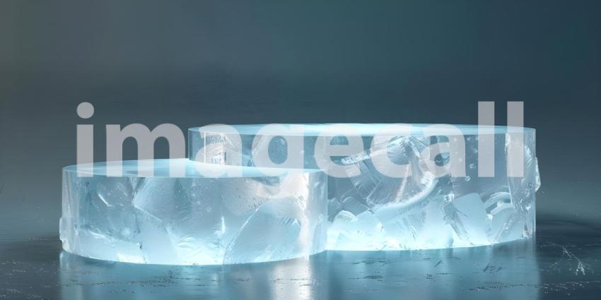 Frozen Stage: A Surreal Ice Platform Amidst a Dreamy Glacial Landscape