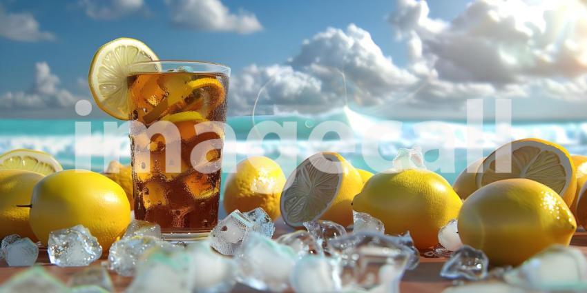Summer Paradise: A Refreshing Iced Tea with Lemon Slices Under a Sunny Sky