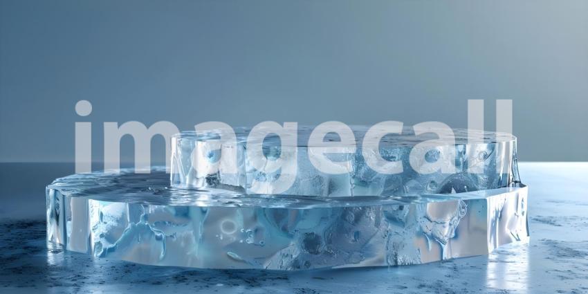 Frozen Stage: A Surreal Ice Platform Amidst a Dreamy Glacial Landscape