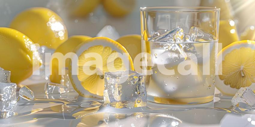 Sunlit Refreshment: A Glass of Sparkling Water with Lemon and Ice Cubes