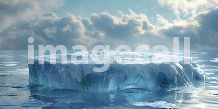 Frozen Stage: A Surreal Ice Platform Amidst a Dreamy Glacial Landscape