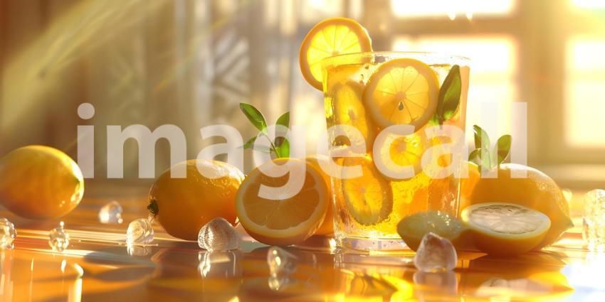 Summer Paradise: A Refreshing Iced Tea with Lemon Slices Under a Sunny Sky