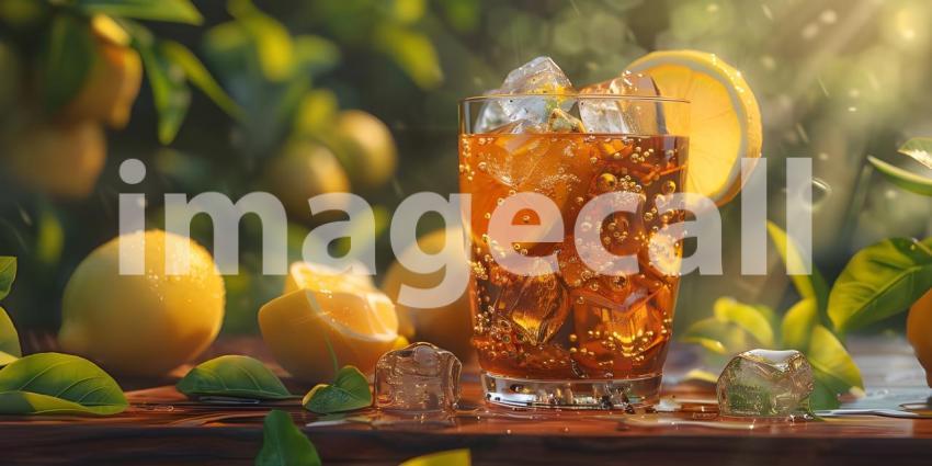 Summer Paradise: A Refreshing Iced Tea with Lemon Slices Under a Sunny Sky