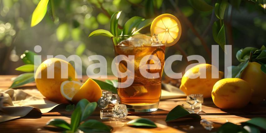 Summer Paradise: A Refreshing Iced Tea with Lemon Slices Under a Sunny Sky