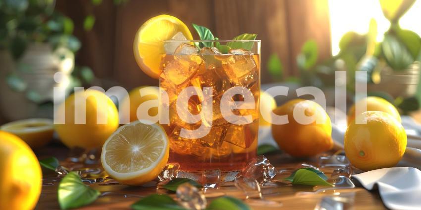 Summer Paradise: A Refreshing Iced Tea with Lemon Slices Under a Sunny Sky