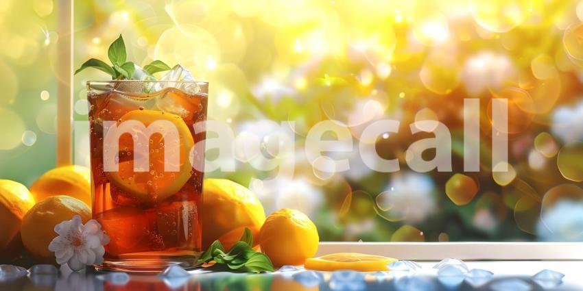 Summer Paradise: A Refreshing Iced Tea with Lemon Slices Under a Sunny Sky