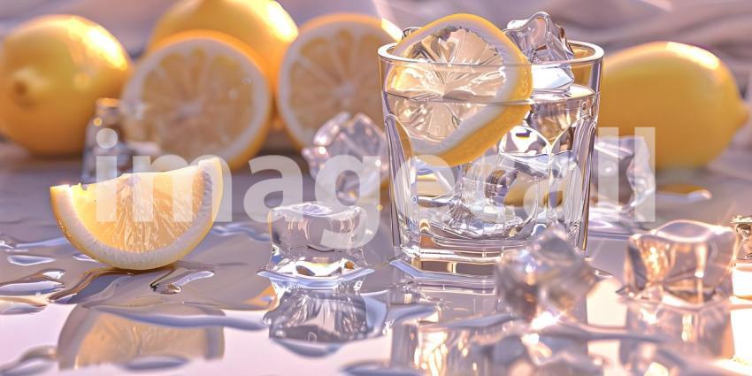 Sunlit Refreshment: A Glass of Sparkling Water with Lemon and Ice Cubes