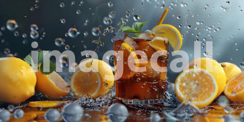 Summer Paradise: A Refreshing Iced Tea with Lemon Slices Under a Sunny Sky