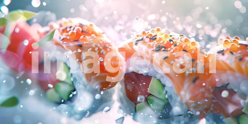 A Rainbow of Flavors: A Vibrant Array of Sushi Rolls, Japanese Cuisine: A Colorful Arrangement of Sushi with a Teapot and Chopsticks