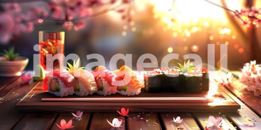 A Rainbow of Flavors: A Vibrant Array of Sushi Rolls, Japanese Cuisine: A Colorful Arrangement of Sushi with a Teapot and Chopsticks