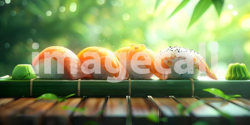 A Rainbow of Flavors: A Vibrant Array of Sushi Rolls, Japanese Cuisine: A Colorful Arrangement of Sushi with a Teapot and Chopsticks