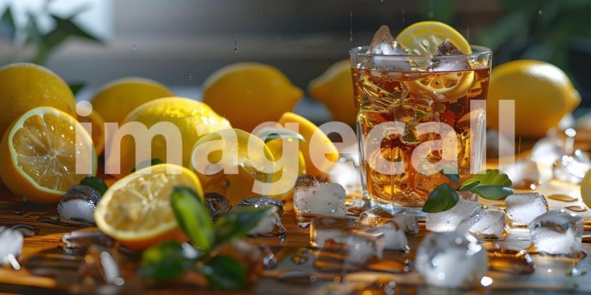 Summer Paradise: A Refreshing Iced Tea with Lemon Slices Under a Sunny Sky