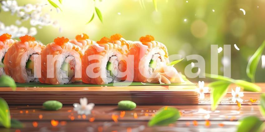 A Rainbow of Flavors: A Vibrant Array of Sushi Rolls, Japanese Cuisine: A Colorful Arrangement of Sushi with a Teapot and Chopsticks