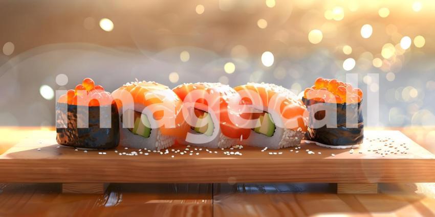 A Rainbow of Flavors: A Vibrant Array of Sushi Rolls, Japanese Cuisine: A Colorful Arrangement of Sushi with a Teapot and Chopsticks