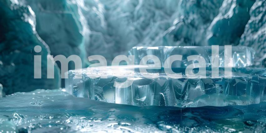 Frozen Stage: A Surreal Ice Platform Amidst a Dreamy Glacial Landscape