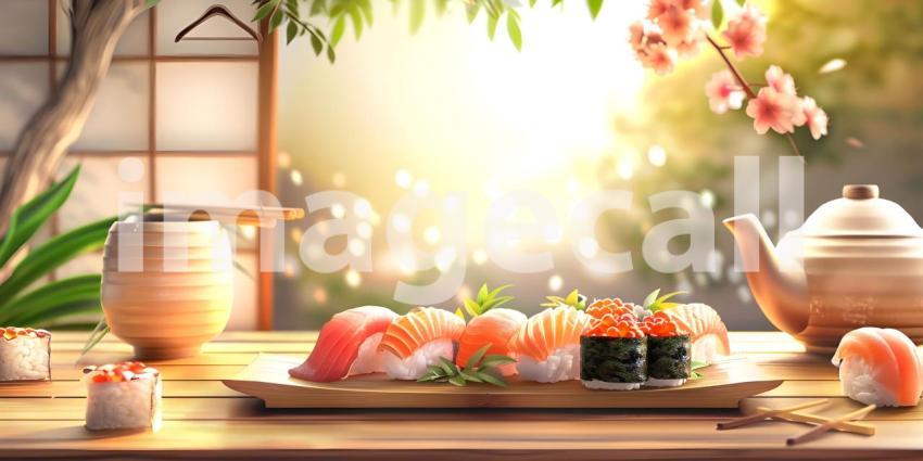 A Rainbow of Flavors: A Vibrant Array of Sushi Rolls, Japanese Cuisine: A Colorful Arrangement of Sushi with a Teapot and Chopsticks