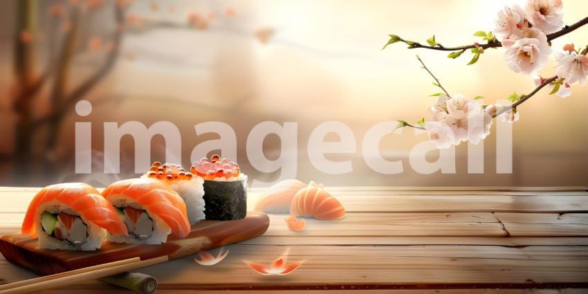 A Rainbow of Flavors: A Vibrant Array of Sushi Rolls, Japanese Cuisine: A Colorful Arrangement of Sushi with a Teapot and Chopsticks