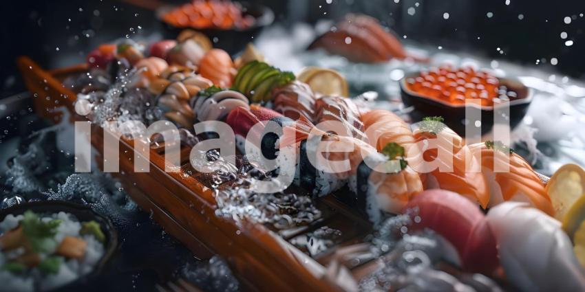 A Rainbow of Flavors: A Vibrant Array of Sushi Rolls, Japanese Cuisine: A Colorful Arrangement of Sushi with a Teapot and Chopsticks