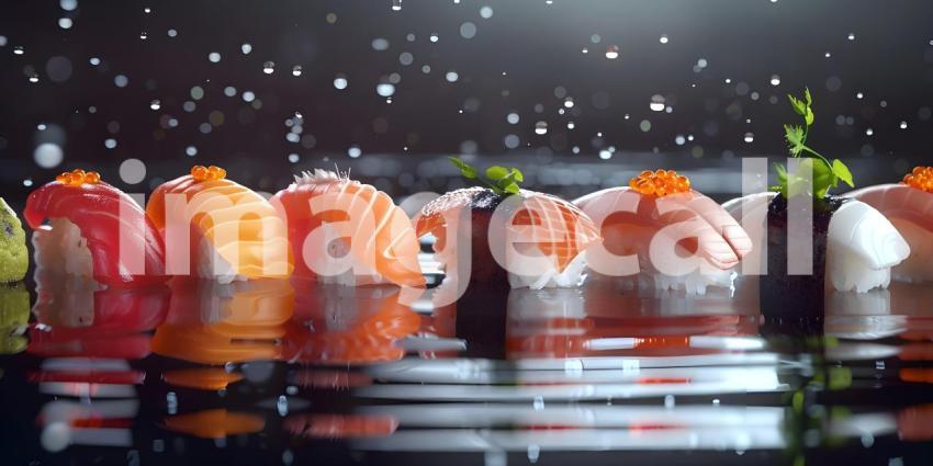 A Rainbow of Flavors: A Vibrant Array of Sushi Rolls, Japanese Cuisine: A Colorful Arrangement of Sushi with a Teapot and Chopsticks