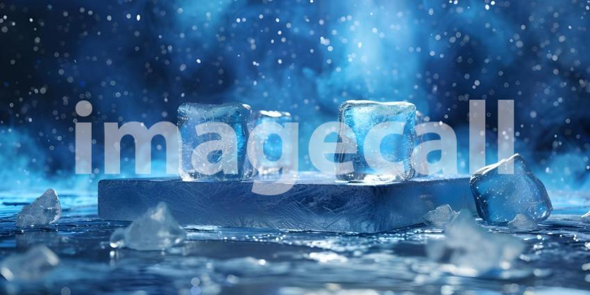 Frozen Stage: A Surreal Ice Platform Amidst a Dreamy Glacial Landscape