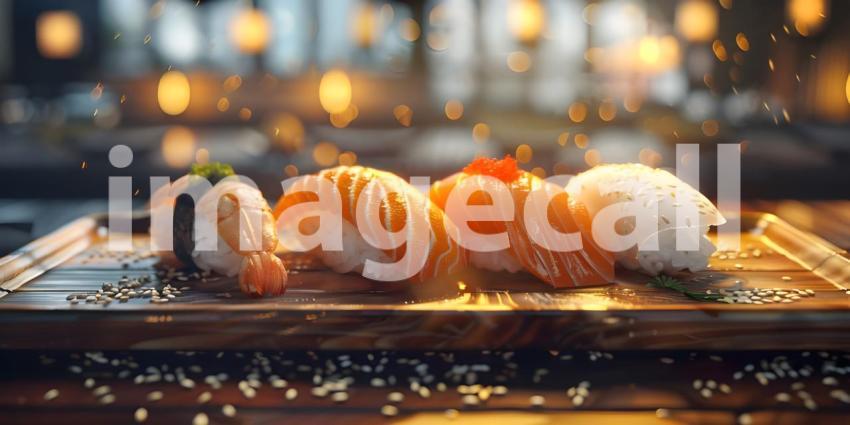 A Rainbow of Flavors: A Vibrant Array of Sushi Rolls, Japanese Cuisine: A Colorful Arrangement of Sushi with a Teapot and Chopsticks