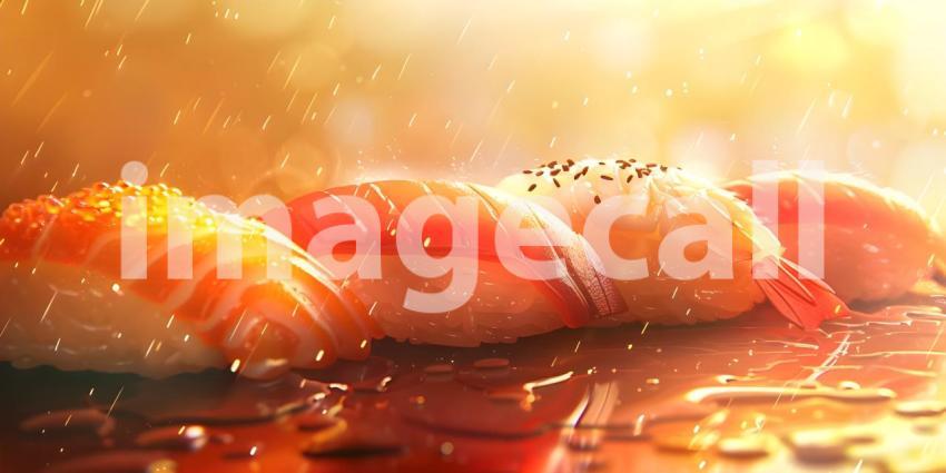 A Rainbow of Flavors: A Vibrant Array of Sushi Rolls, Japanese Cuisine: A Colorful Arrangement of Sushi with a Teapot and Chopsticks