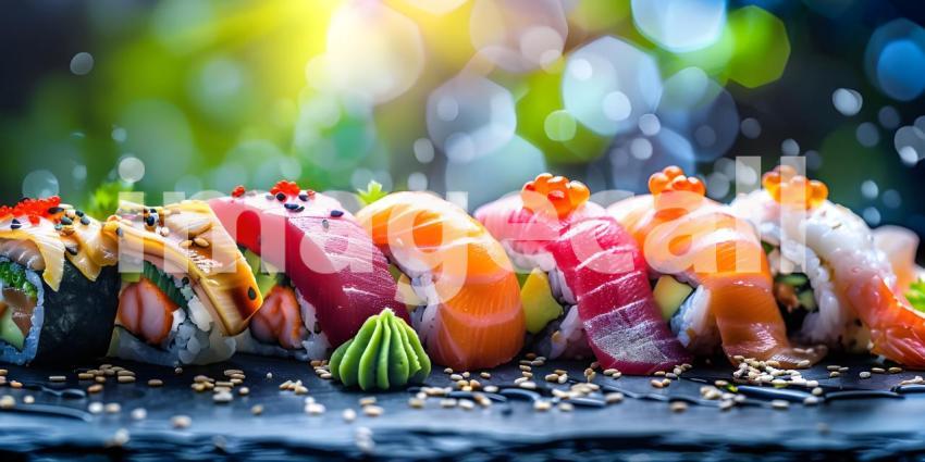 A Rainbow of Flavors: A Vibrant Array of Sushi Rolls, Japanese Cuisine: A Colorful Arrangement of Sushi with a Teapot and Chopsticks