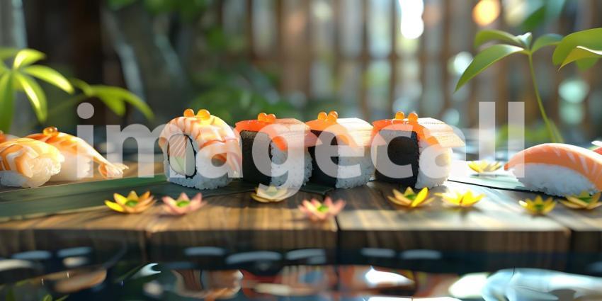 A Rainbow of Flavors: A Vibrant Array of Sushi Rolls, Japanese Cuisine: A Colorful Arrangement of Sushi with a Teapot and Chopsticks