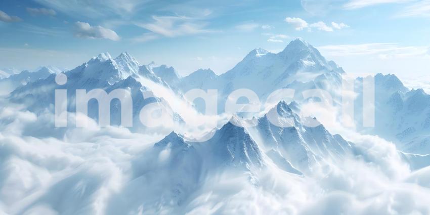 Aerial View of a Mountain Range: A Breathtaking Panorama of Snow-Covered Peaks and Clouds