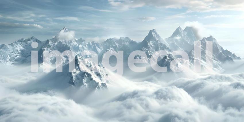 Aerial View of a Mountain Range: A Breathtaking Panorama of Snow-Covered Peaks and Clouds