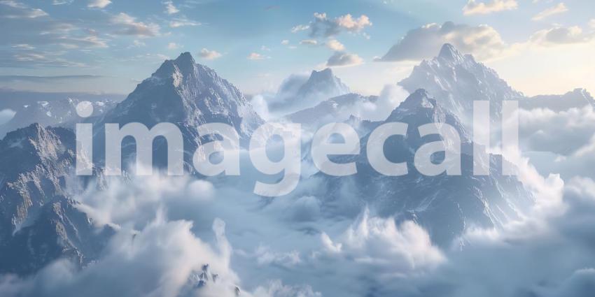 Aerial View of a Mountain Range: A Breathtaking Panorama of Snow-Covered Peaks and Clouds