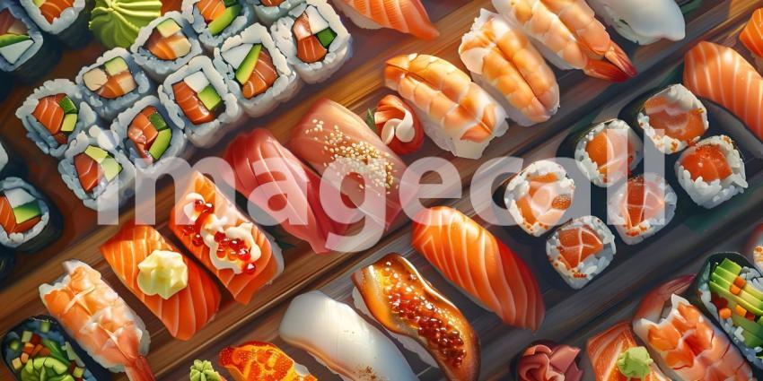 A Rainbow of Flavors: A Vibrant Array of Sushi Rolls, Japanese Cuisine: A Colorful Arrangement of Sushi with a Teapot and Chopsticks