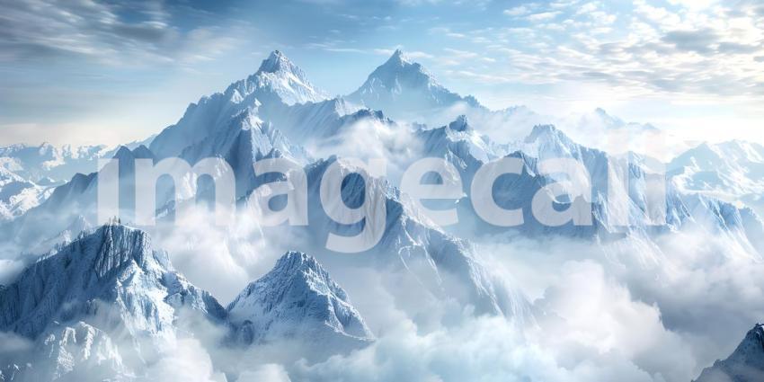 Aerial View of a Mountain Range: A Breathtaking Panorama of Snow-Covered Peaks and Clouds