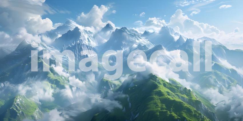 Aerial View of a Mountain Range: A Breathtaking Panorama of Snow-Covered Peaks and Clouds