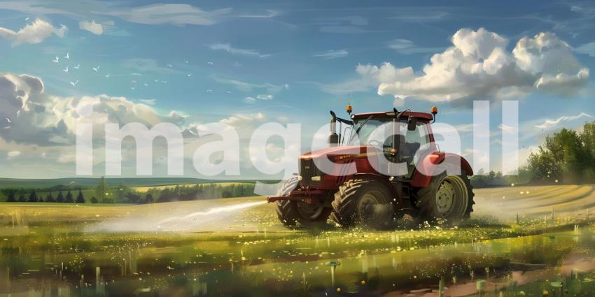 Agricultural Spraying: A Tractor Applying Fertilizer or Pesticide on a Farmland