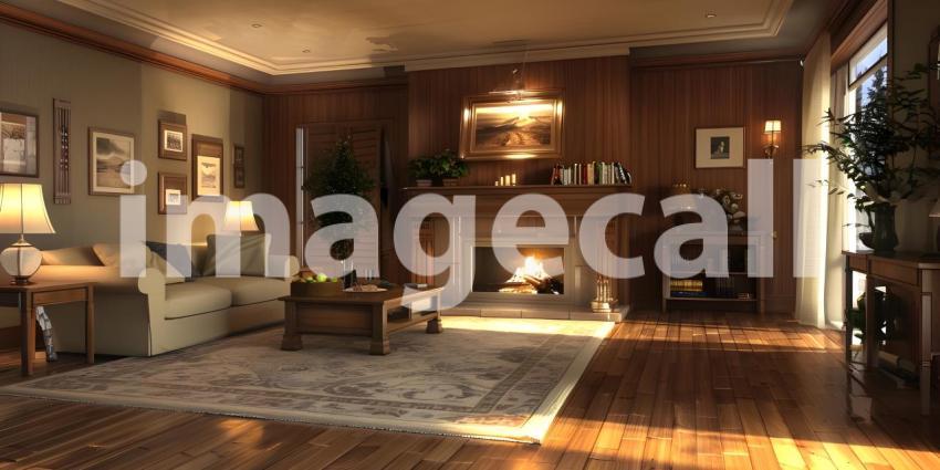 A Sanctuary of Warmth: A Cozy Living Room with a crackling Fireplace and Rich Woodwork