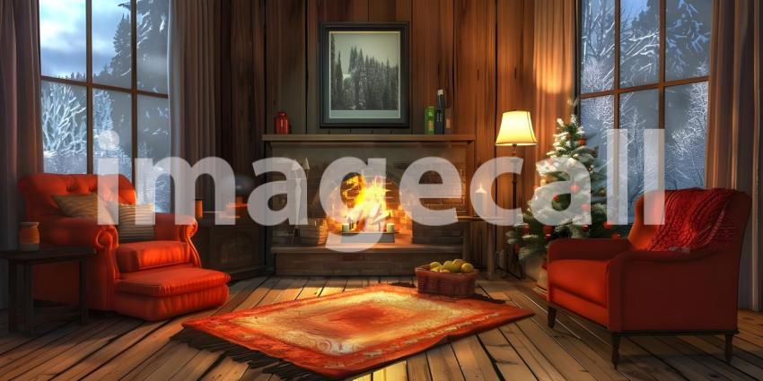 A Sanctuary of Warmth: A Cozy Living Room with a crackling Fireplace and Rich Woodwork