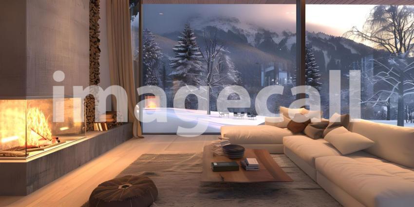 A Sanctuary of Warmth: A Cozy Living Room with a crackling Fireplace and Rich Woodwork