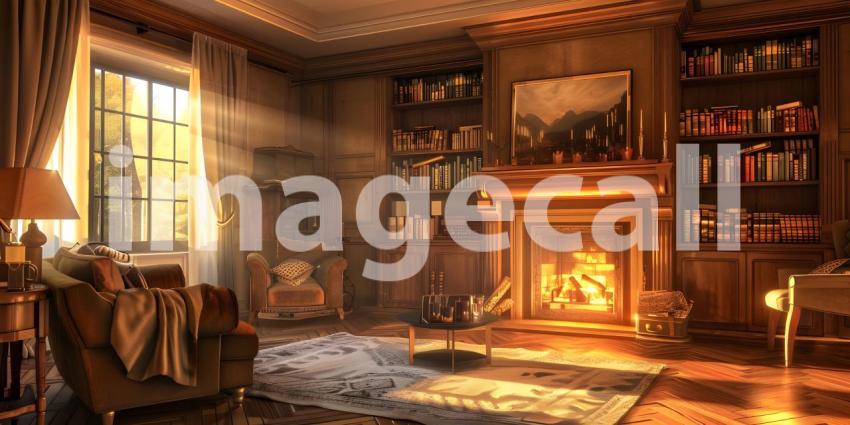 A Sanctuary of Warmth: A Cozy Living Room with a crackling Fireplace and Rich Woodwork