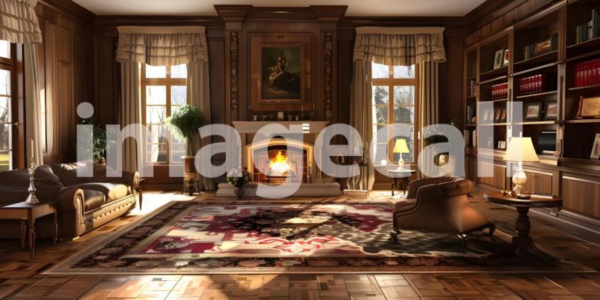 A Sanctuary of Warmth: A Cozy Living Room with a crackling Fireplace and Rich Woodwork