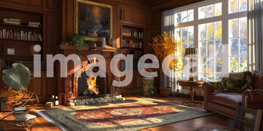A Sanctuary of Warmth: A Cozy Living Room with a crackling Fireplace and Rich Woodwork