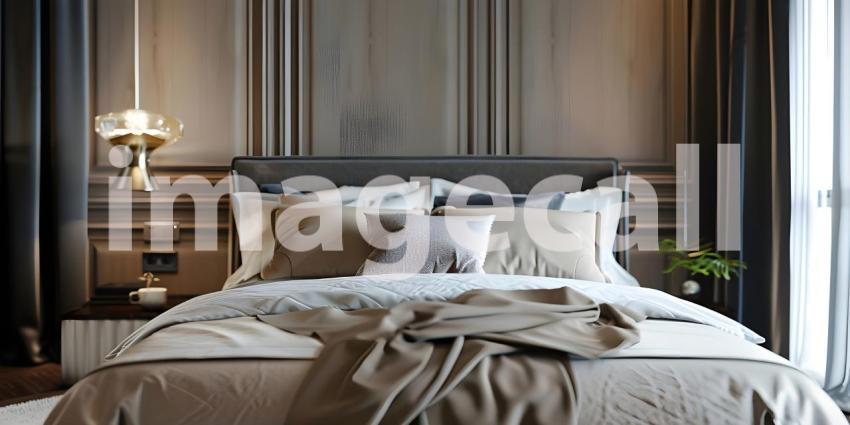 Luxurious Retreat: A Sumptuous Bedroom with Rich Wood Accents and Warm Lighting