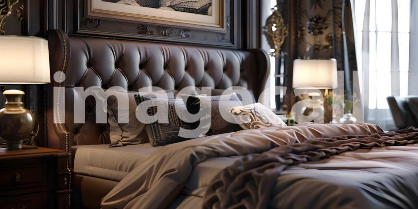 Luxurious Retreat: A Sumptuous Bedroom with Rich Wood Accents and Warm Lighting